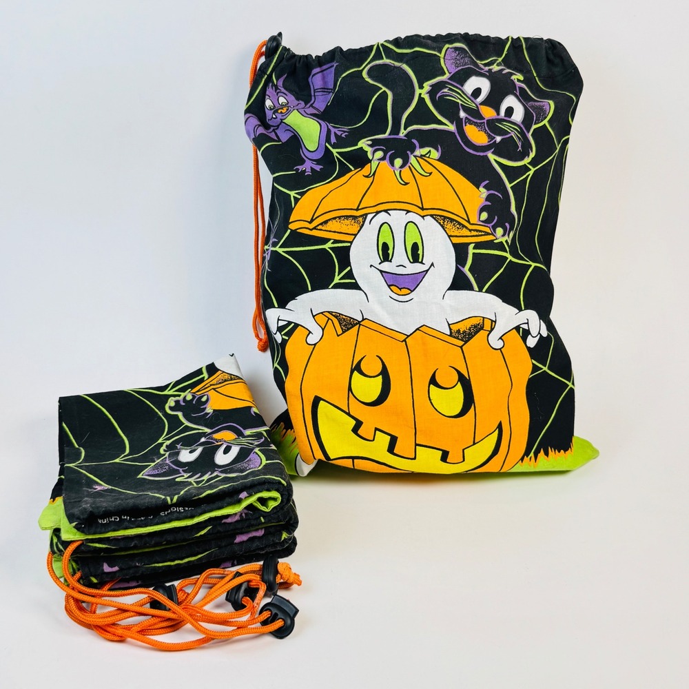 Vintage Y2K Halloween Drawstring Trick or Treat Bags Ghost Cat Witch Pumpkin 5ct